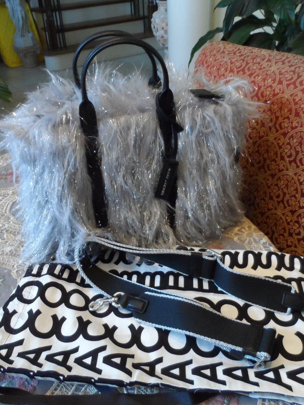 New Marc Jacobs Silver Gray Faux Fur Tops Handle/Crossbody Bag